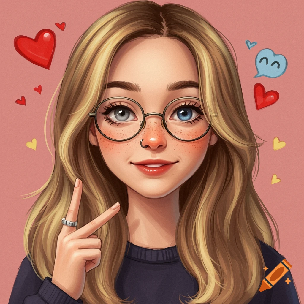 Stylized cartoon portrait of a girl with glasses and heterochromia, doing a peace sign. Hearts and a speech bubble are in the background.
