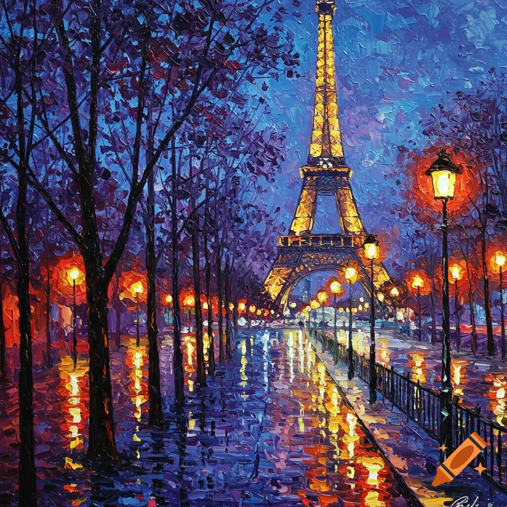 Impasto painting of the Eiffel Tower at night with wet ground reflecting streetlights and trees.