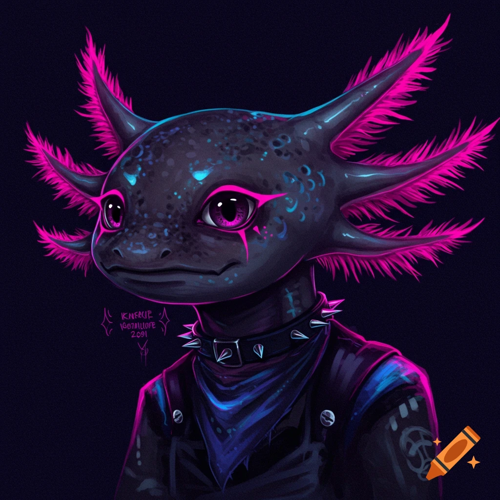 A stylized drawing of an emo axolotl wearing a spiked collar and jacket.