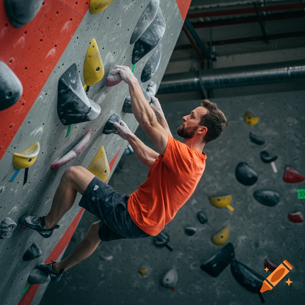 Man bouldering on a climbing wall in a gym.