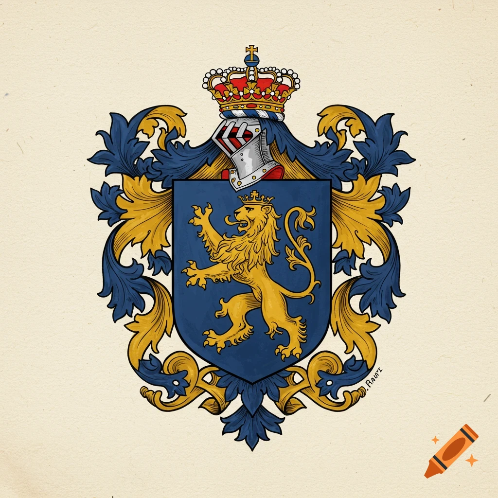 Illustration of a detailed family crest with a gold lion on a blue shield, topped with a helmet and crown, surrounded by gold and blue scrolling leaves.