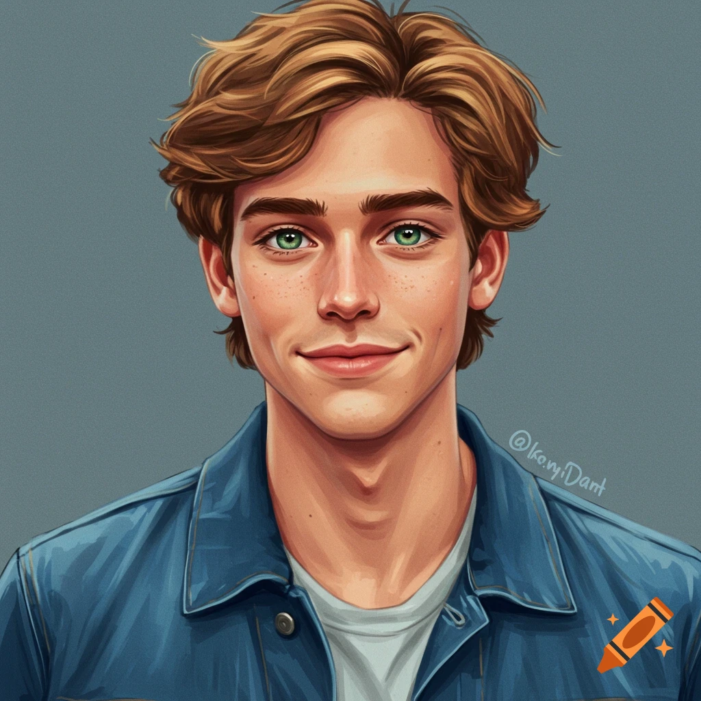 Illustrative portrait of a young man with brown hair and green eyes wearing a denim jacket.