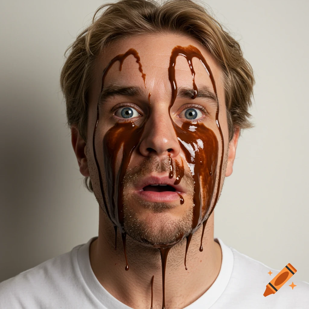 Close-up portrait of a shocked man with chocolate dripping from his eyes and face.