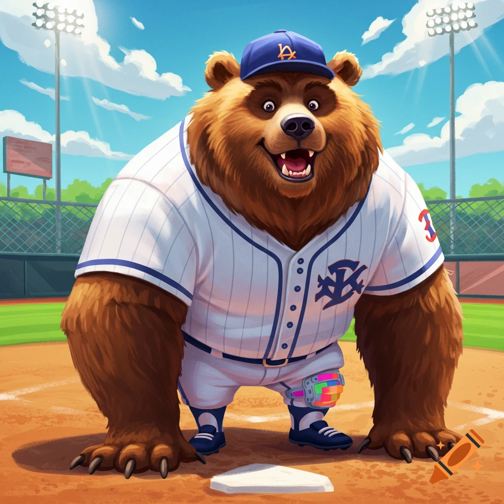 A photorealistic bear in a baseball uniform with a knee brace stands on ...