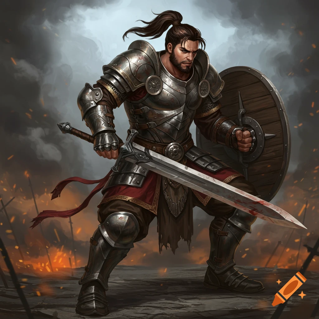 A fully armored warrior with a sword and shield stands on a smoky battlefield.