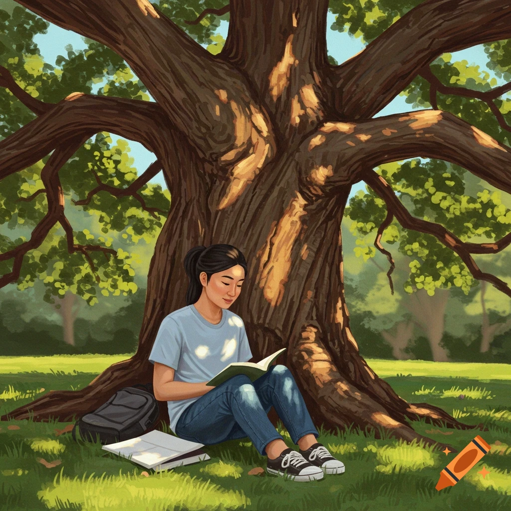 A student is reading a book under a large tree in a park.