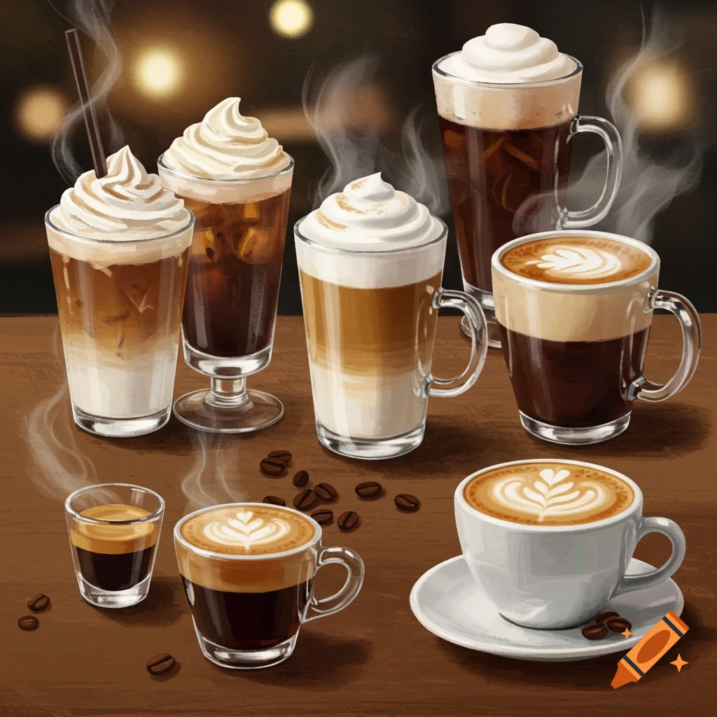 Variety of coffee drinks including lattes, iced coffee, and espresso on a table in an illustrative style.