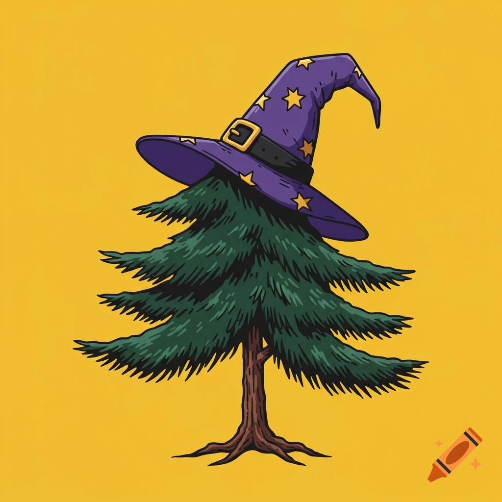 A pine tree wearing a purple wizard hat against a yellow background, in a vector illustration style.