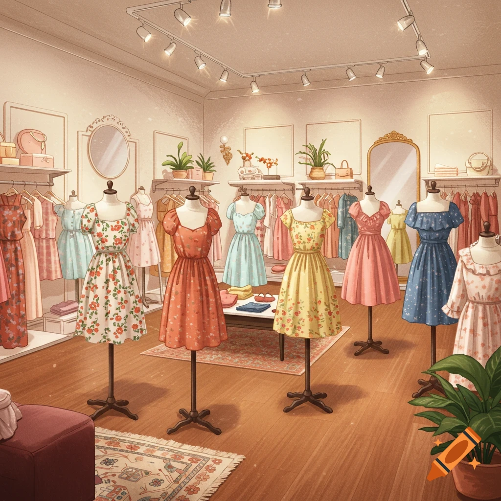 An illustration of a cute dress store with mannequins wearing various colorful dresses.
