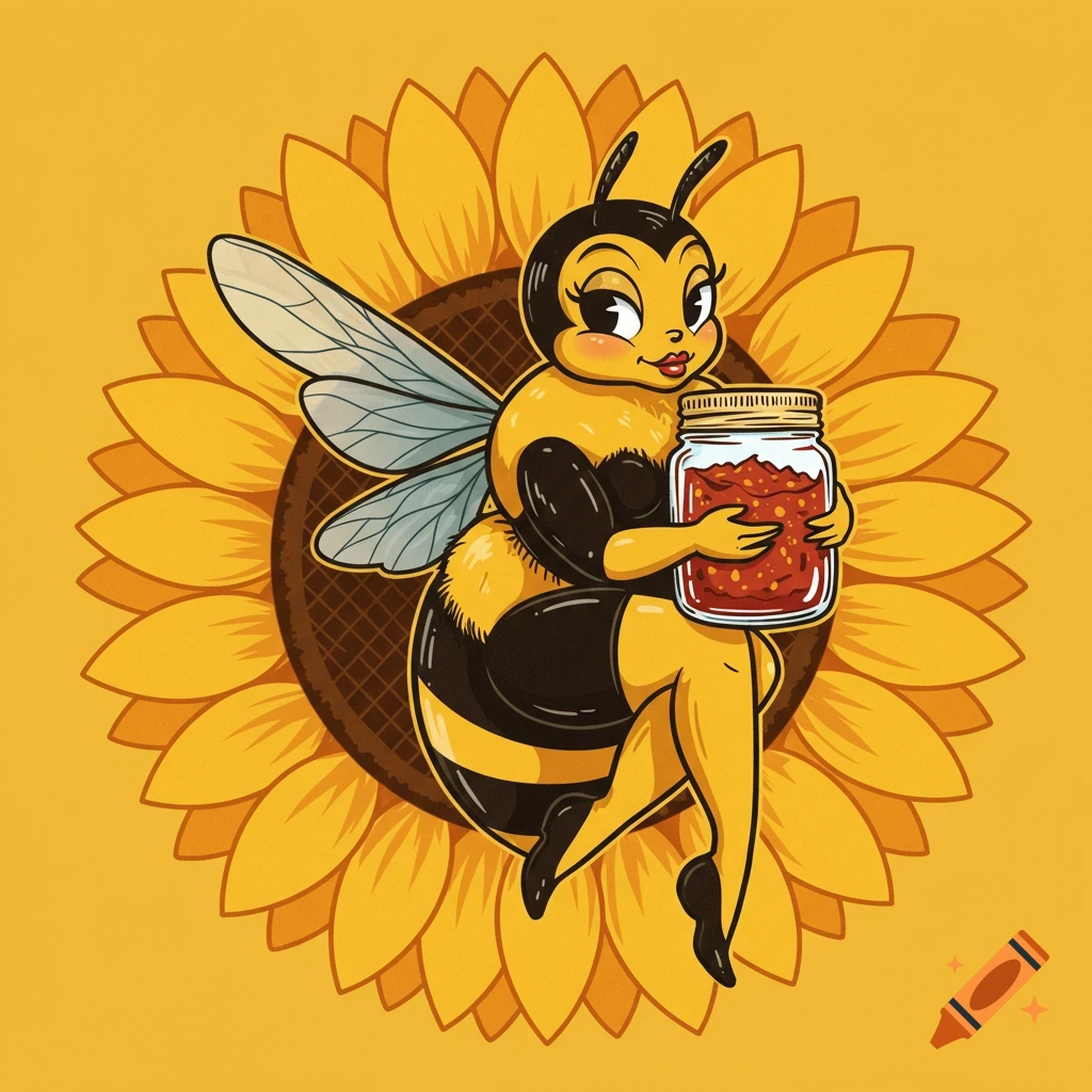 Cartoon pin-up style bee holding a jar of spread in front of a sunflower.