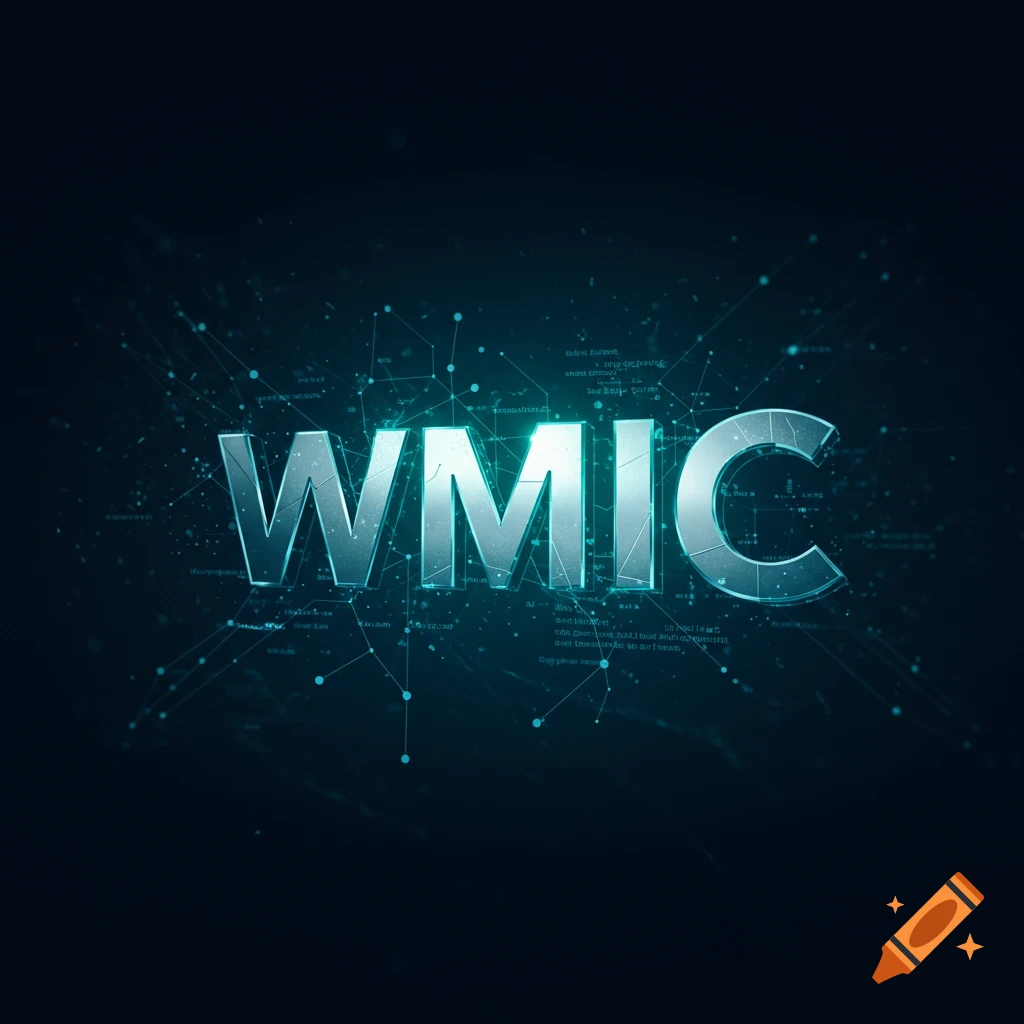 Large metallic text 'WMIC' over a glowing blue digital network background.