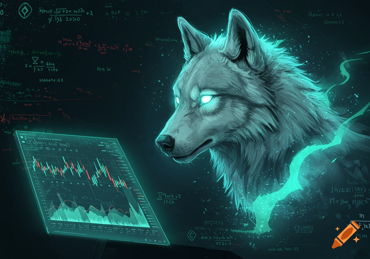 A glowing-eyed wolf looking at a glowing stock trading chart surrounded by formulas.