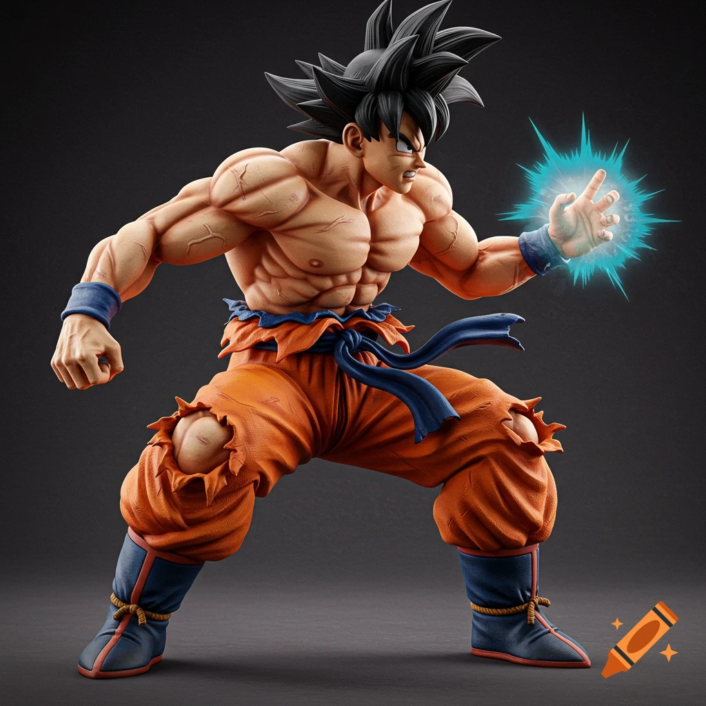 3D render of Goku from Dragon Ball powering up with a blue energy blast