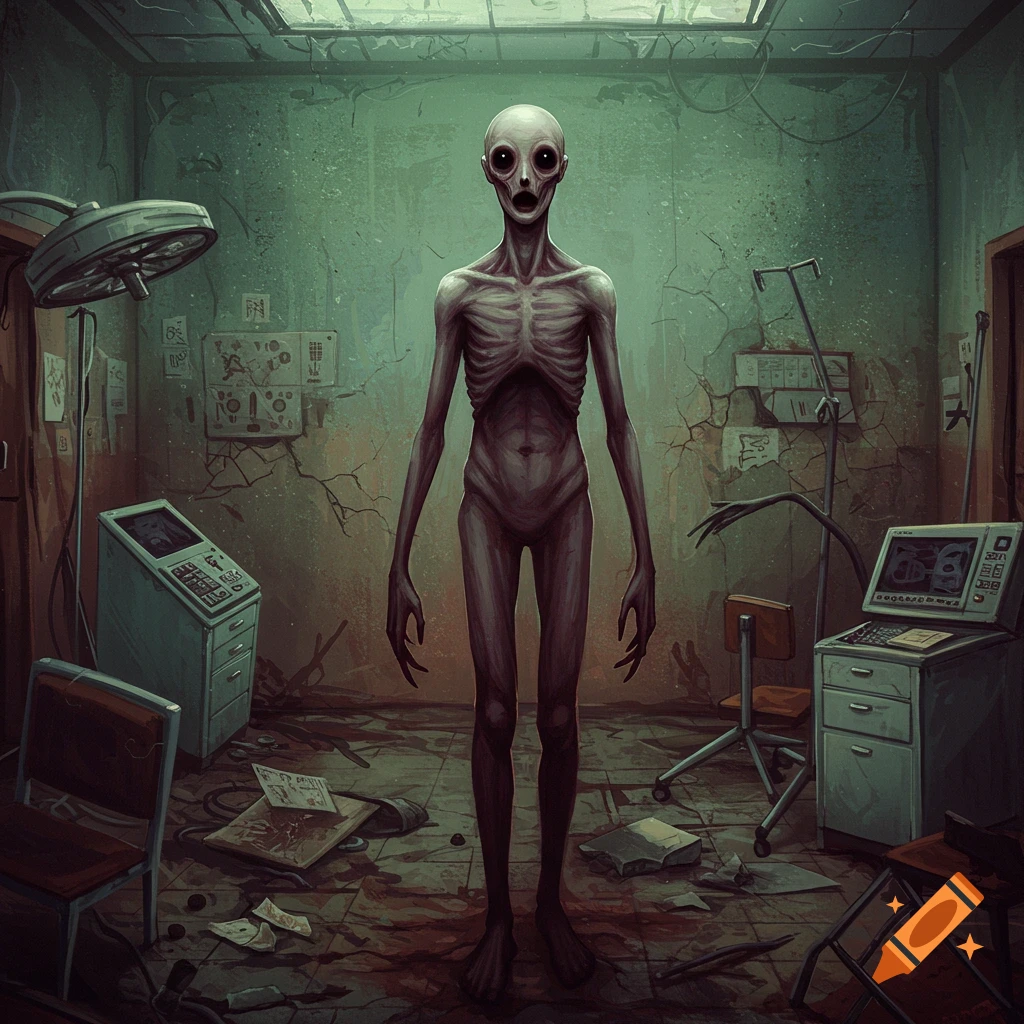 An illustration of a gaunt, pale creature with large eyes standing in a dilapidated medical room.