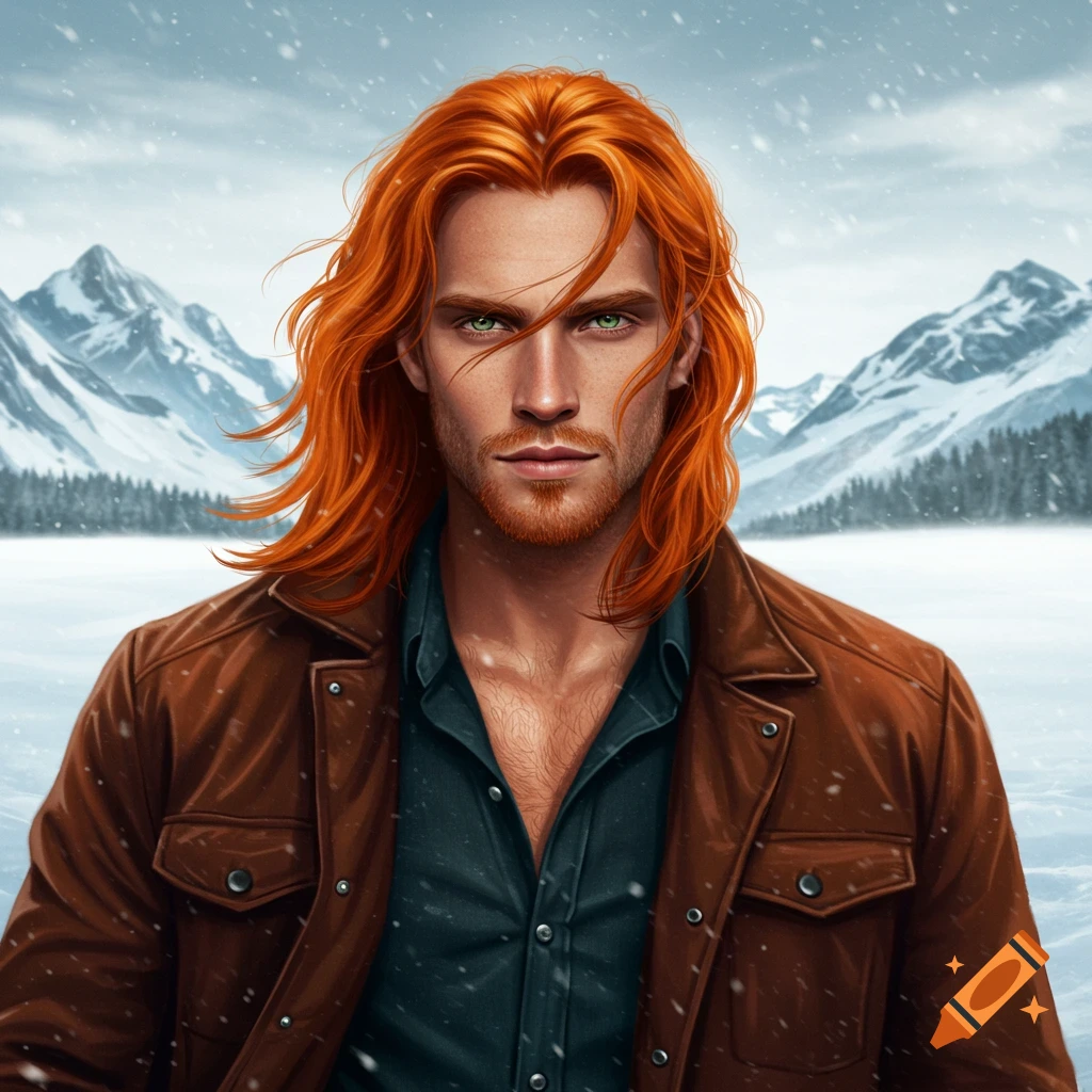 Ginger haired man with green eyes in snowy landscape