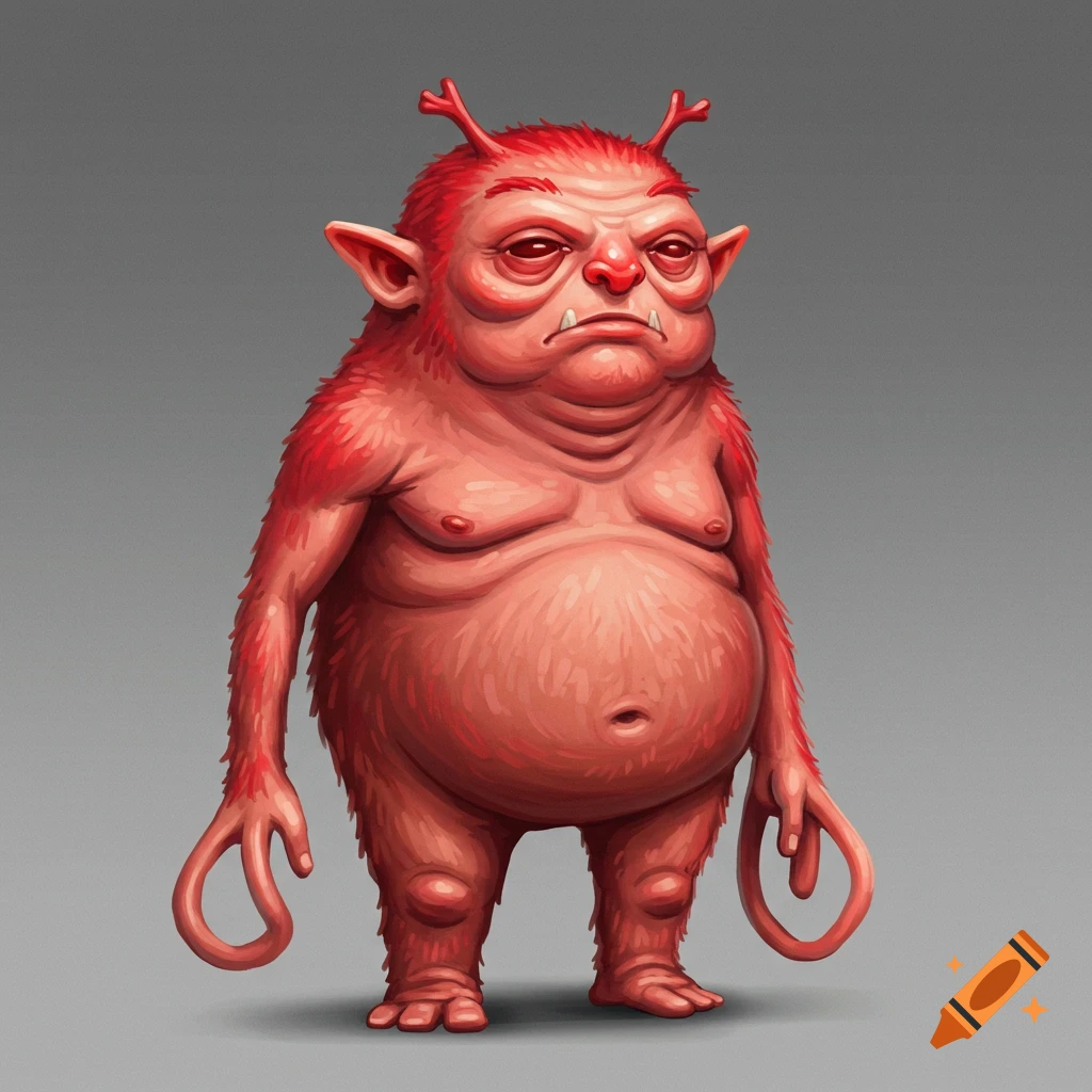 A red, furry, plump fantasy creature with horns and long looping arms standing on a grey background.