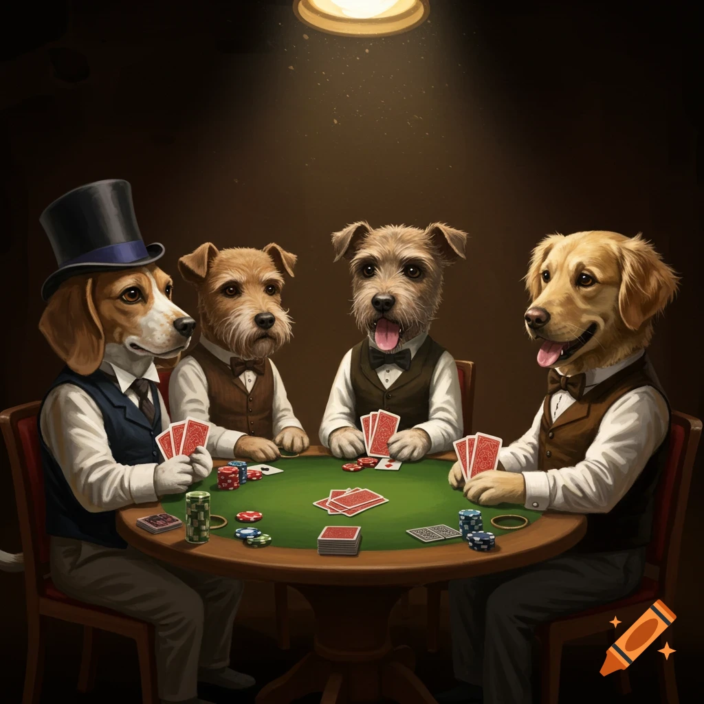 Four dogs wearing shirts, vests, and one hat play poker at a table.