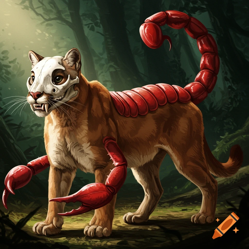 A fantastical creature combining a cougar body with a skull for a head and scorpion claws and tail stands in a forest.
