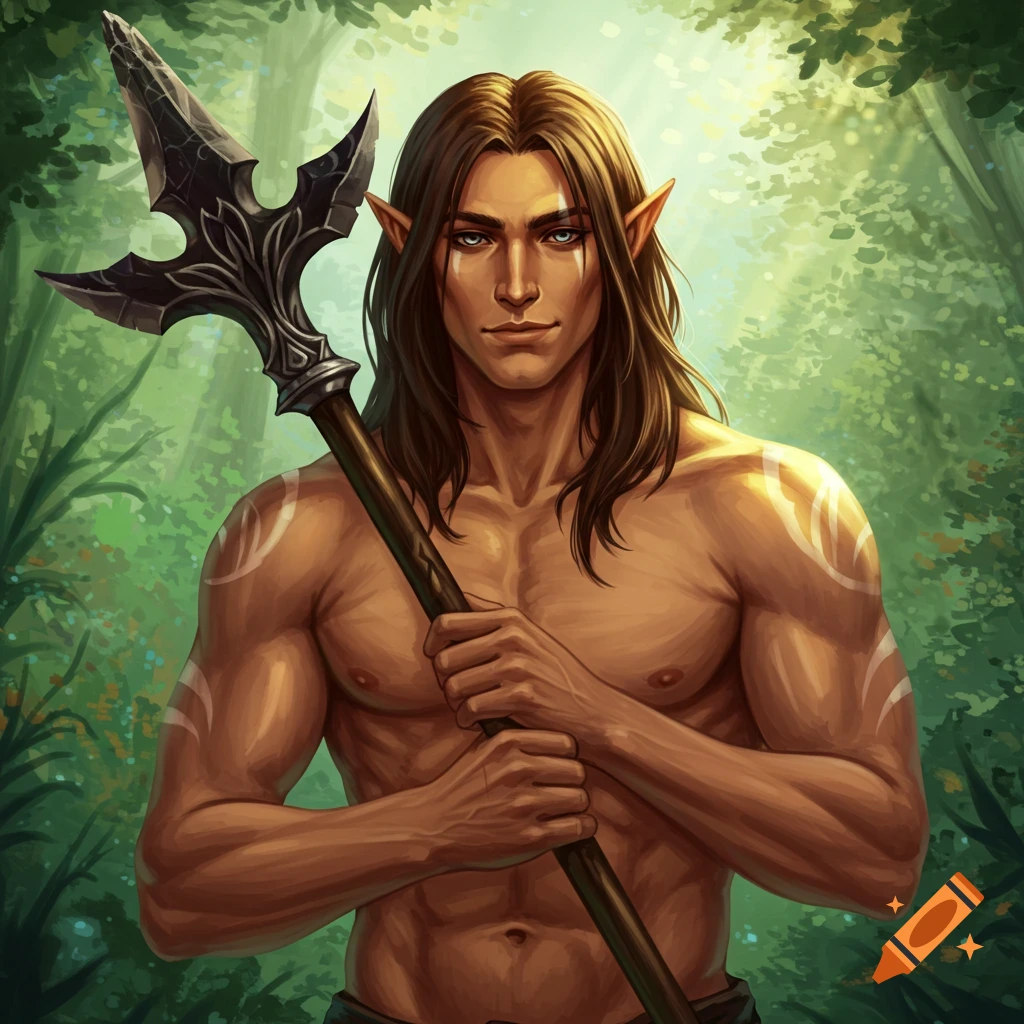 Fantasy portrait of a shirtless elf holding a glaive in a forest.