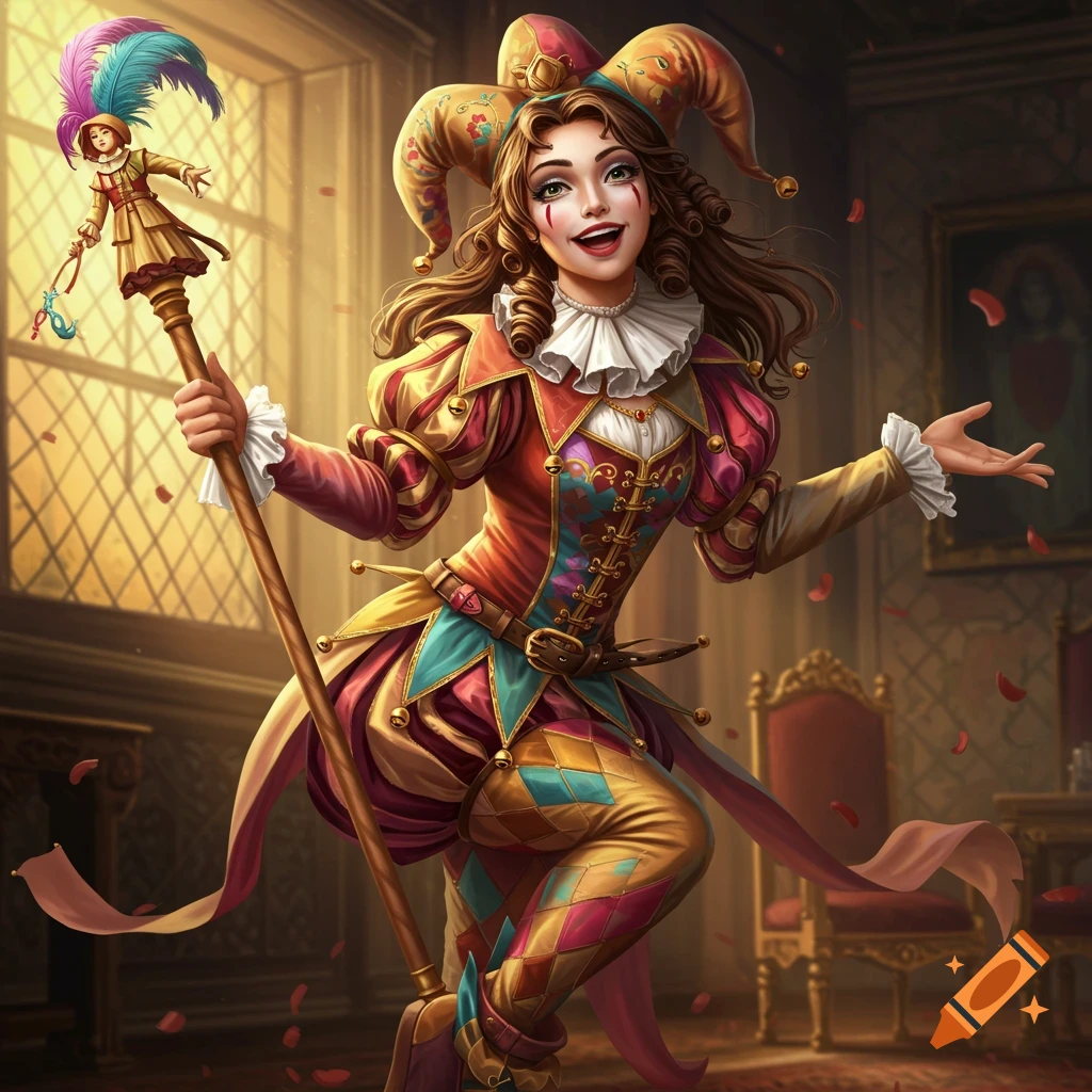 A beautiful female jester in a colorful costume holds a staff with a small doll figure on top, performing in a room.