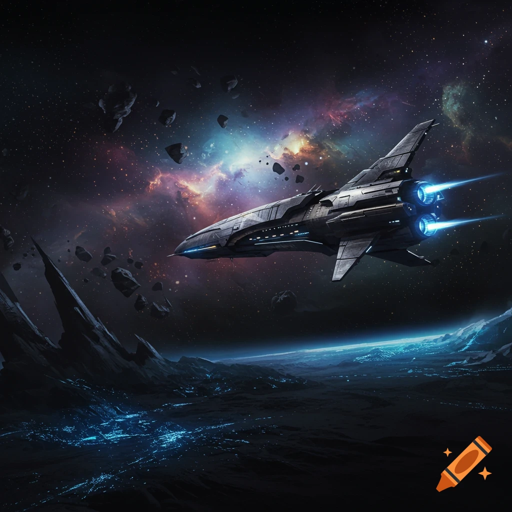 A sleek spaceship flies through space above a glowing planet surface, with asteroids and a colorful nebula in the background.