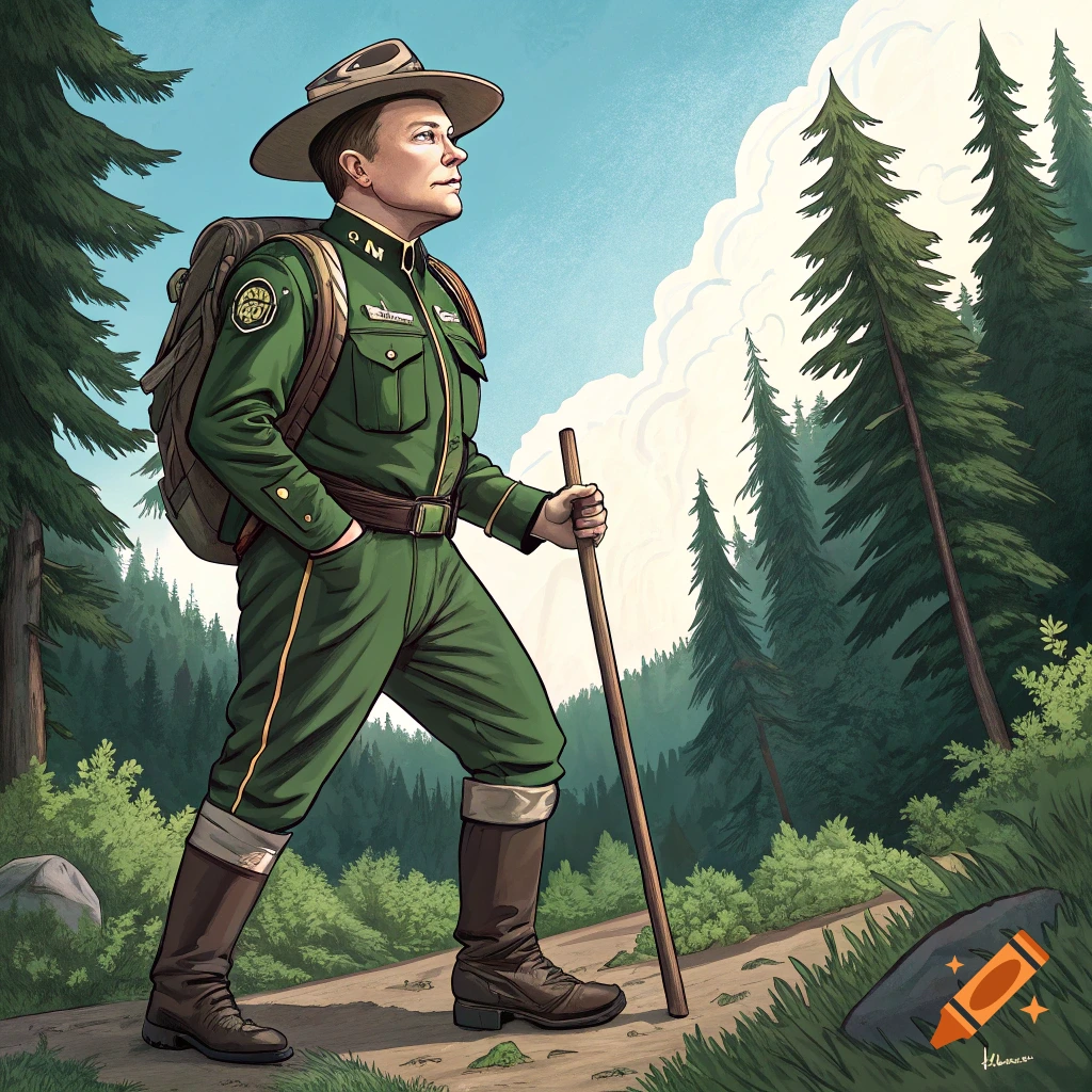 Illustration of a man resembling Elon Musk in a ranger uniform hiking on a forest path.