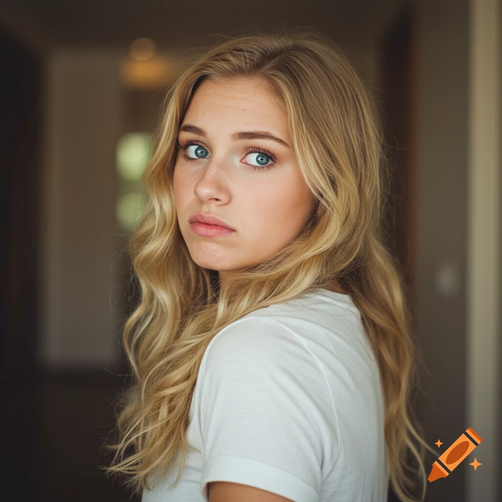 A young blonde woman with blue eyes looks over her shoulder at the camera with a confused expression.