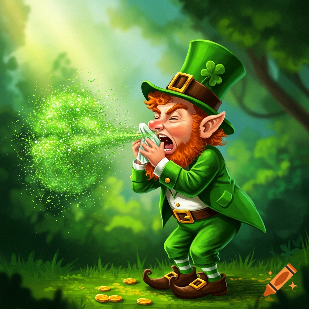 An illustration of a leprechaun sneezing green magic or glitter into a tissue on a forest floor with gold coins.