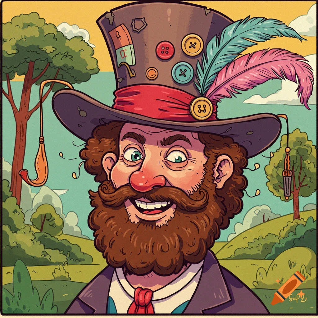 A cartoon portrait of a man with a beard wearing a tall, decorated hat with feathers.