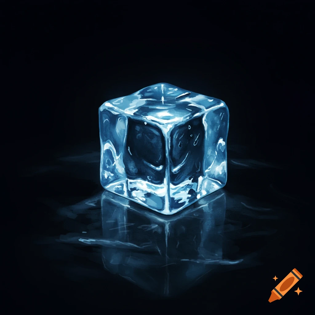 A single blue ice cube on a dark surface with a reflection.