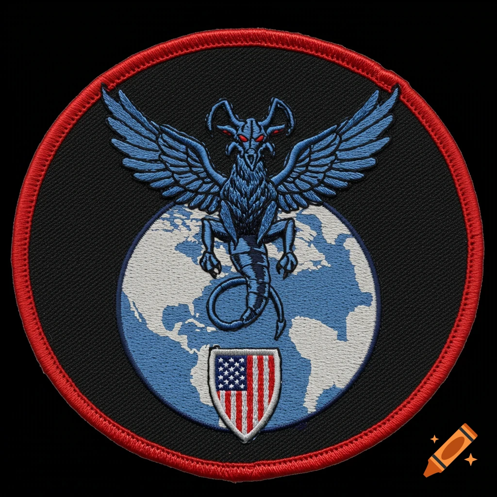 Embroidered patch with blue manticore over globe and US flag shield.