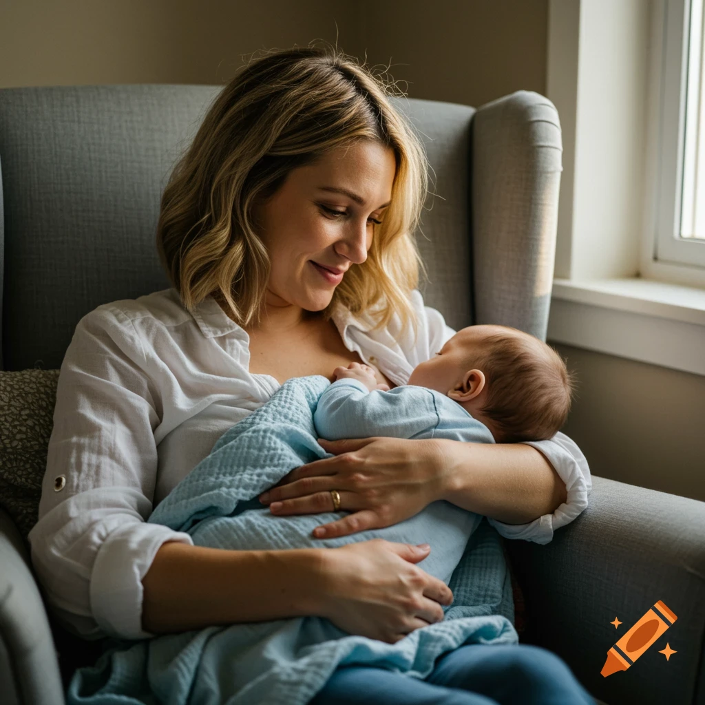 A mother holds and looks down at her baby, photorealistic style.