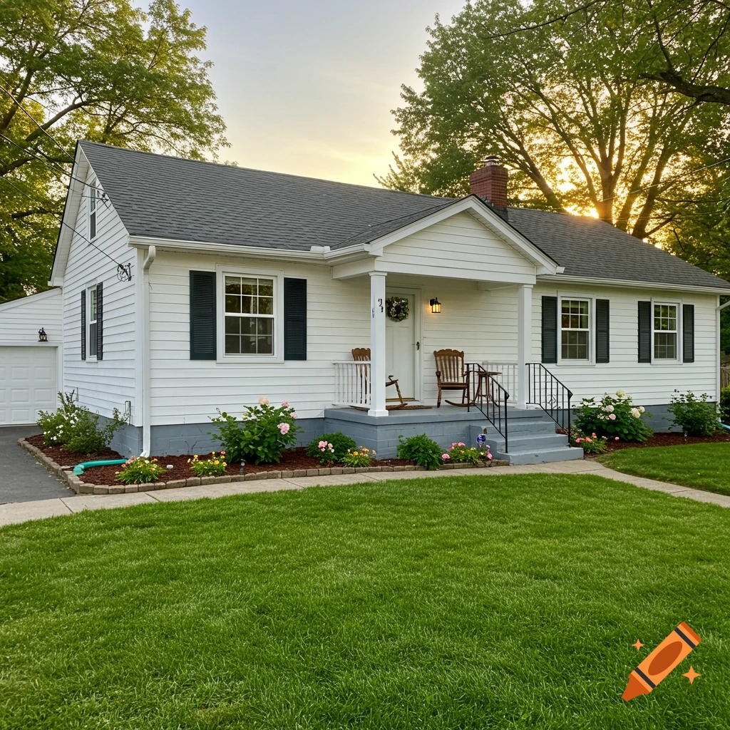 A white ranch-style house with a gray foundation, black shutters, and a landscaped yard under sunset light.