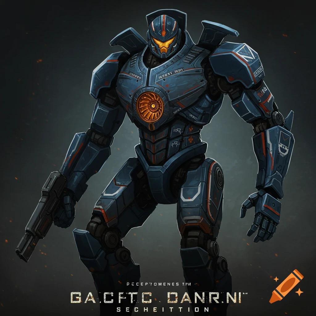 A detailed blue and orange robot with a gun, inspired by Pacific Rim and Transformers.