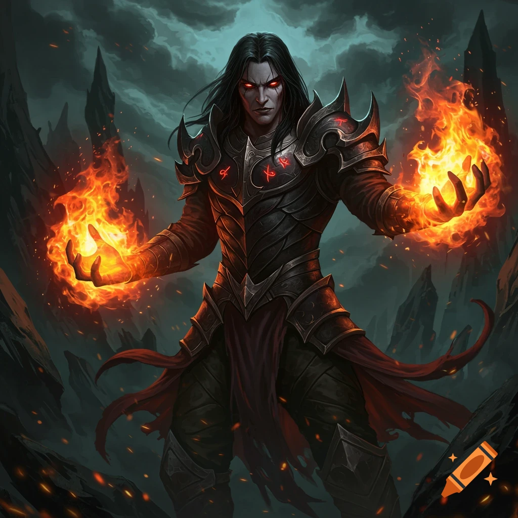 A dark fantasy character with red eyes in armor conjuring fire in a rocky landscape.