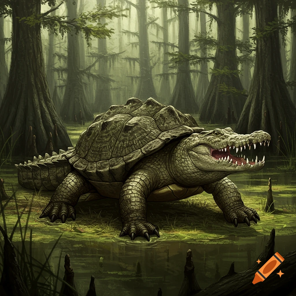A crocodile-turtle hybrid creature stands in a murky swamp forest.