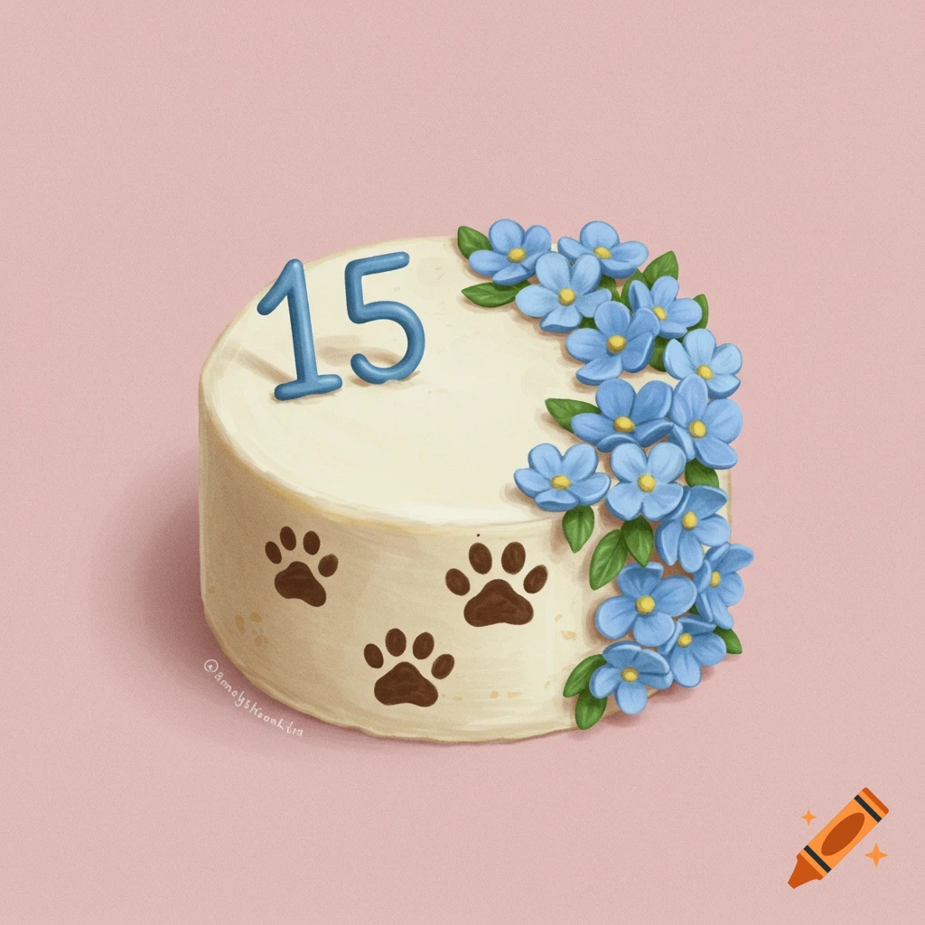 Circle cake with blue flowers, number 15, and paw prints decoration mock-up design idea for party cake decorations DIY bake off ideas inspiration trends birthday cake decoration ideas bakeries baking food cakes fondant frosting buttercream icing fillings toppings cakes occasion seasonal flavors techniques recipes decorating tips presentation serving storage cake decorating for beginners intermediate advanced cake art edible art cake design