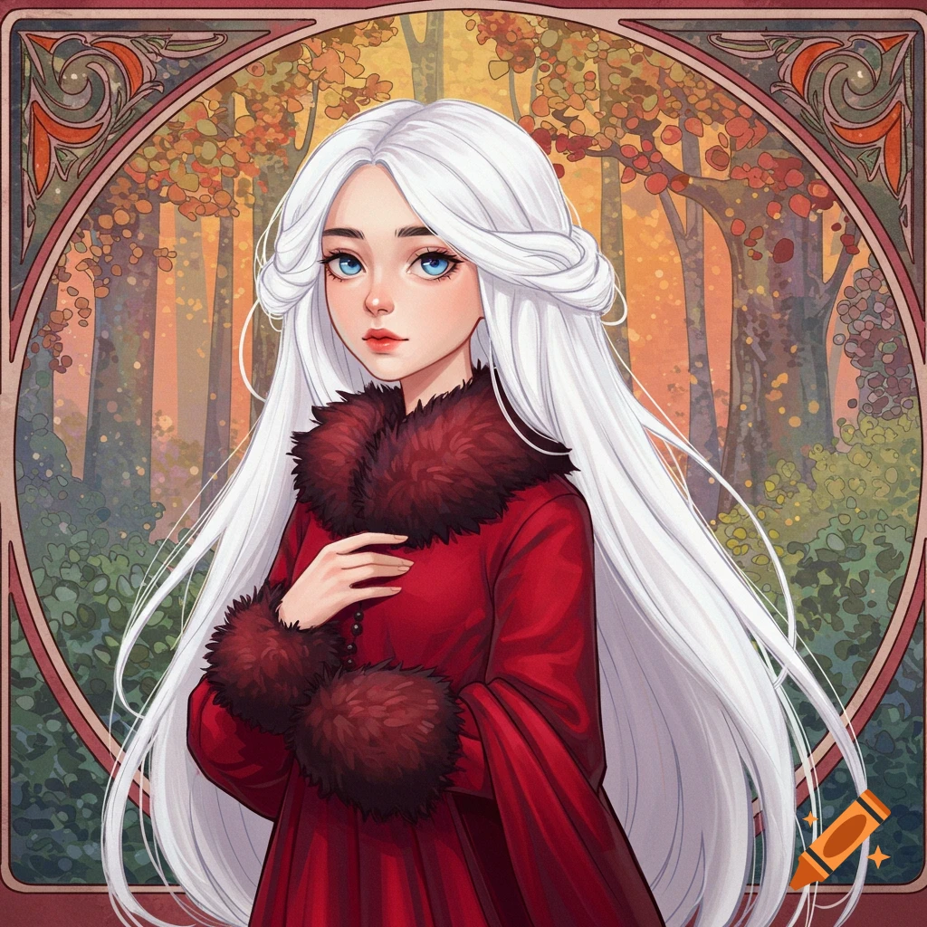 Anime portrait of a girl with long white hair in a red fur-trimmed dress against an autumn forest background in an ornate frame.