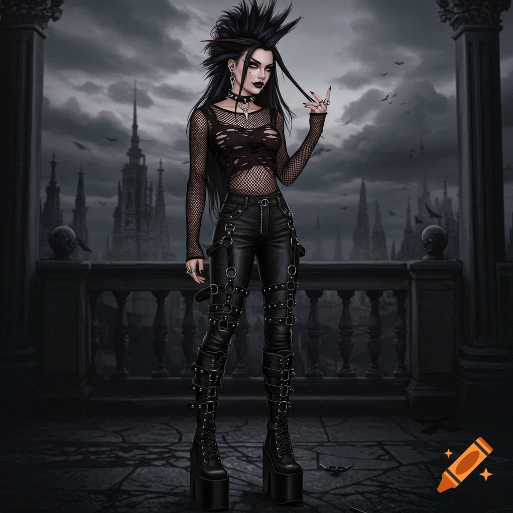 A woman in gothic punk fashion stands on a balcony overlooking a dark city under stormy skies.