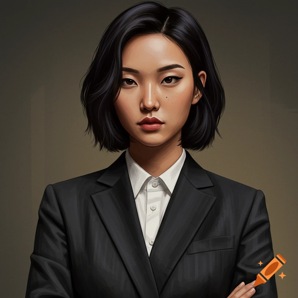 Digital portrait of an Asian woman with short dark hair wearing a suit, arms crossed.