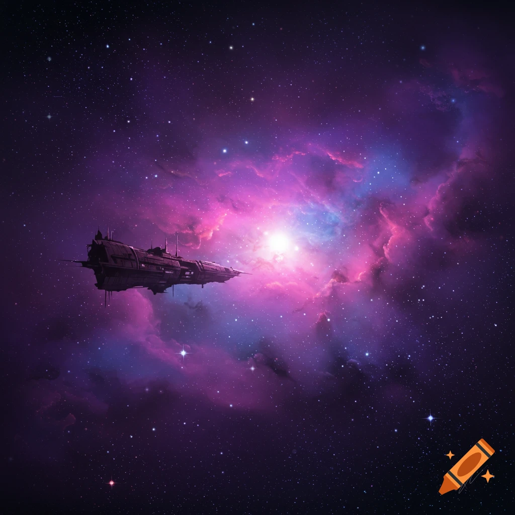 A detailed spaceship floats in front of a bright pink and purple nebula in deep space.