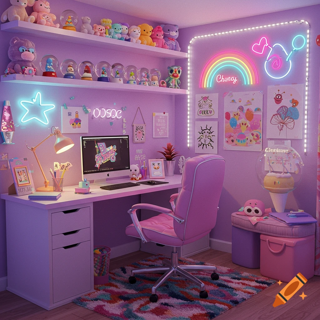 A vibrant pastel purple home office or bedroom with shelves of toys, a desk with a computer, and colorful neon signs.