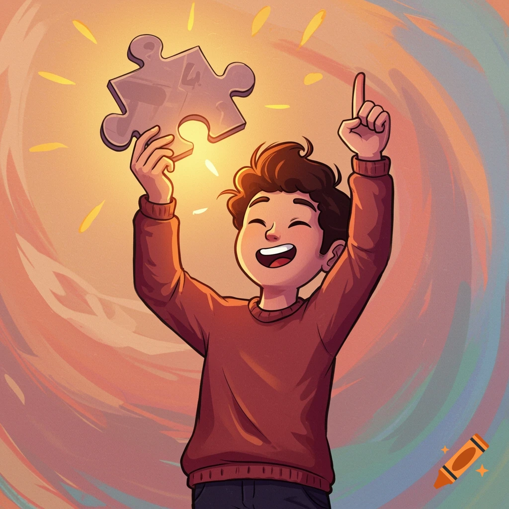 Illustration of a happy boy holding up a puzzle piece with a '4' on it, pointing excitedly.