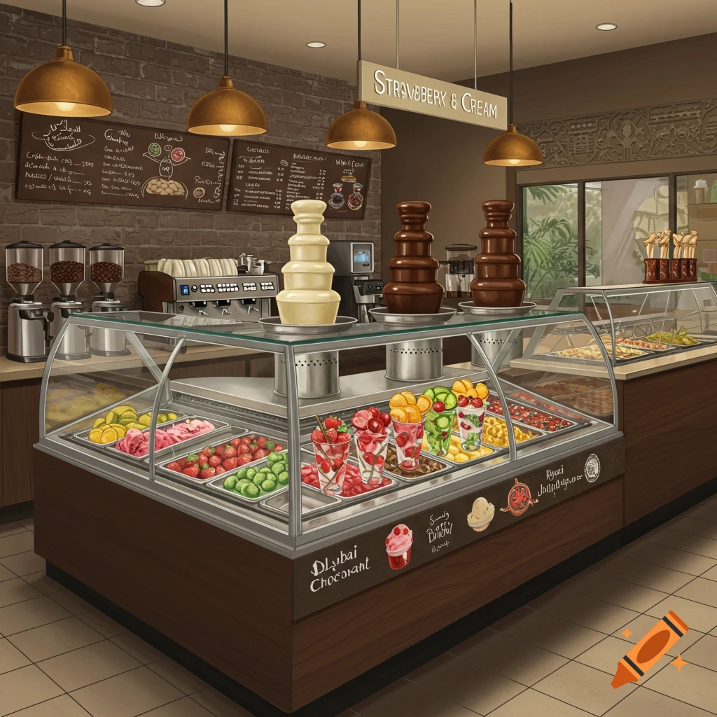Coffee shop and ice cream parlor with showcases, chocolate fountains, coffee machines, and modern furniture.