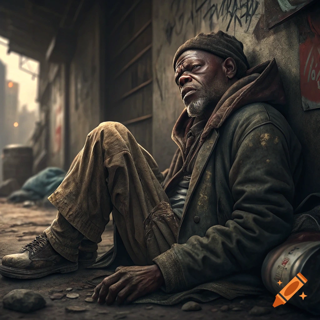 A man in worn clothes sits in an alley, leaning against a graffiti-covered wall. Photorealistic.