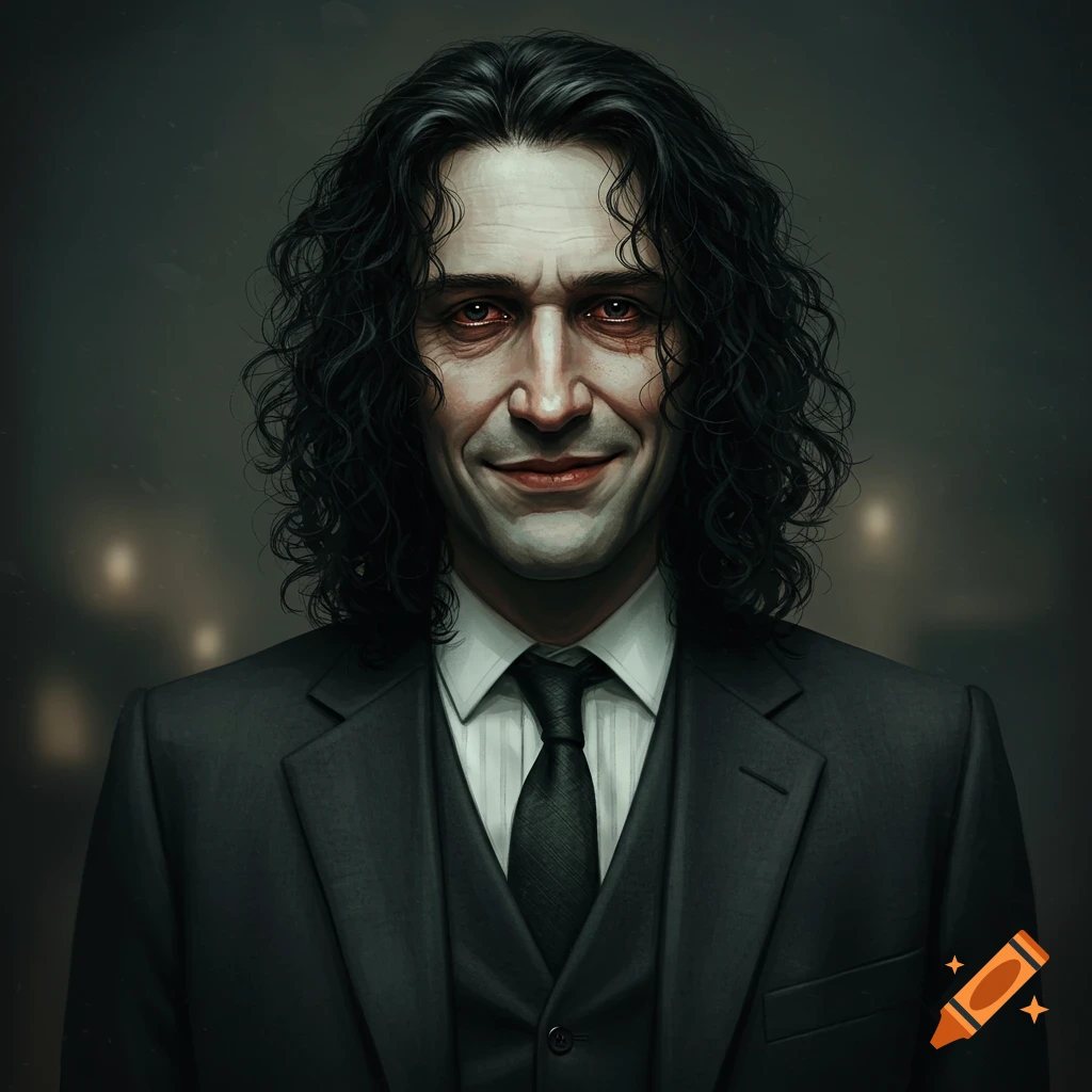Digital portrait of a man with long black hair, red eyes, wearing a suit and smiling.
