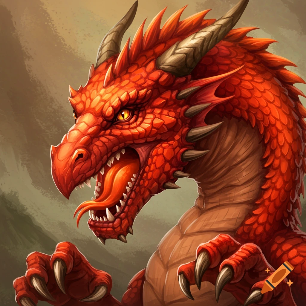 Close-up portrait illustration of a snarling red dragon showing scales, horns, claws, and teeth.
