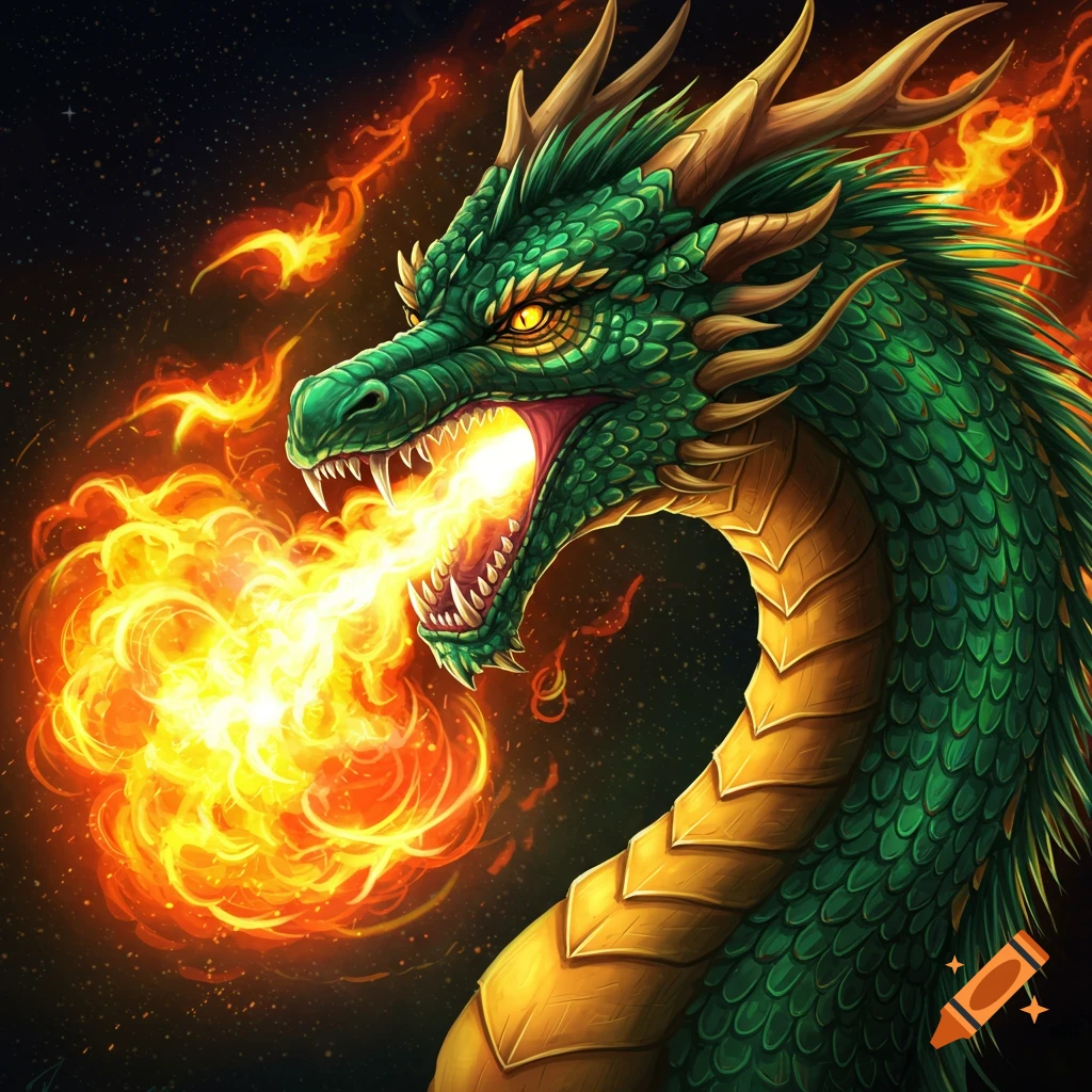 A green and gold dragon breathes a large stream of fire.