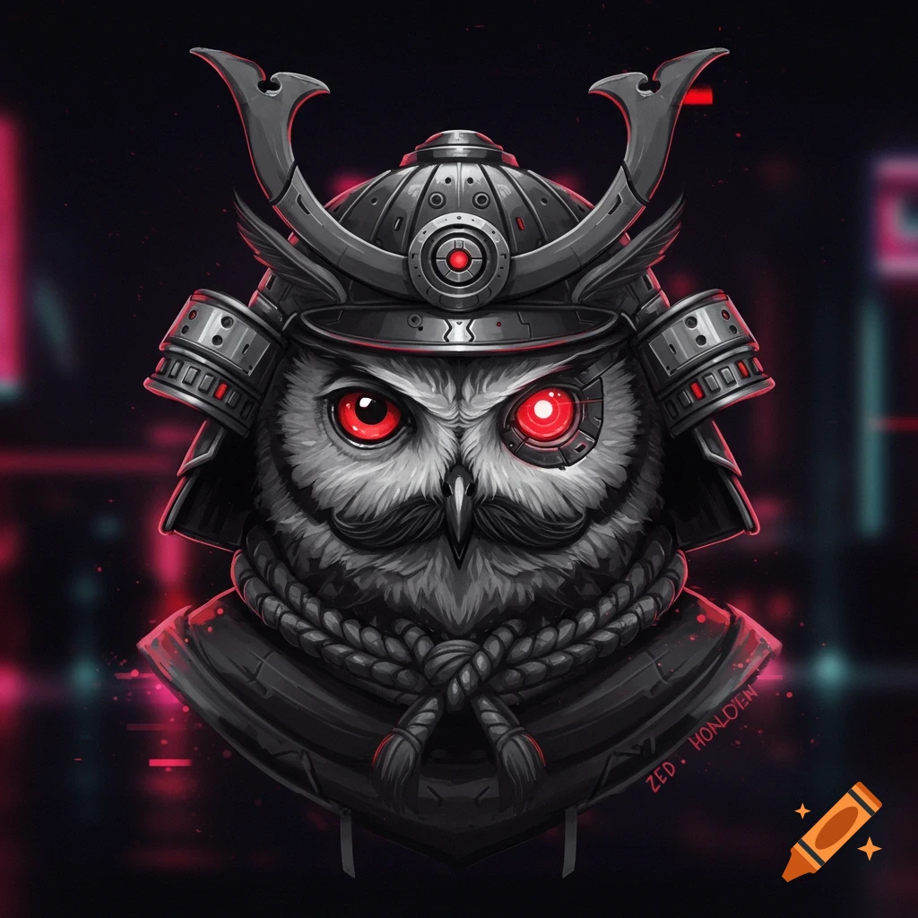 A cyberpunk owl wearing a samurai helmet with a cybernetic eye and mustache.
