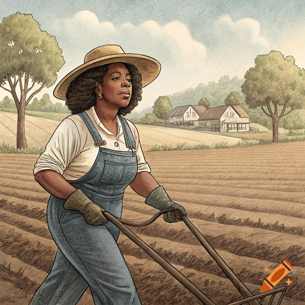 Illustration of a woman in a straw hat and overalls pulling a plow through a farm field.